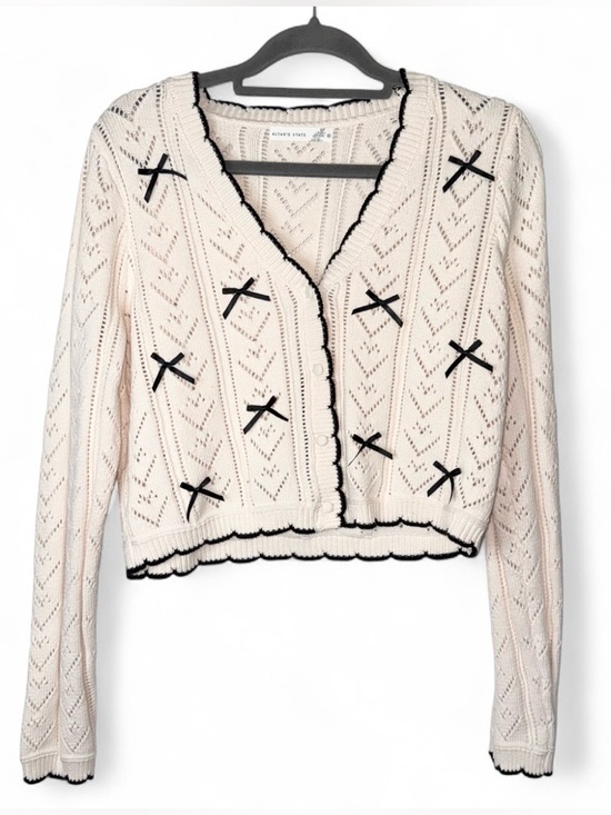 Altar'd State Sweaters - Altar’d State Bow Cardigan Womens XL Ivory Black Cropped Coquette Pointelle Knit
